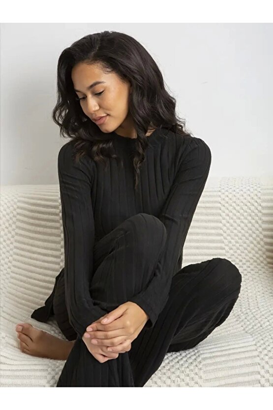 Kadın Uzun Kollu Yuvarlak Yaka Yandan Yırtmaç Detaylı şardonlu Kaşkorse Bluz Ve Pantolon Ikili Takım