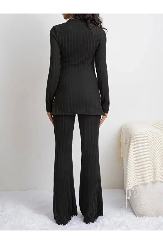Kadın Uzun Kollu Yuvarlak Yaka Yandan Yırtmaç Detaylı şardonlu Kaşkorse Bluz Ve Pantolon Ikili Takım