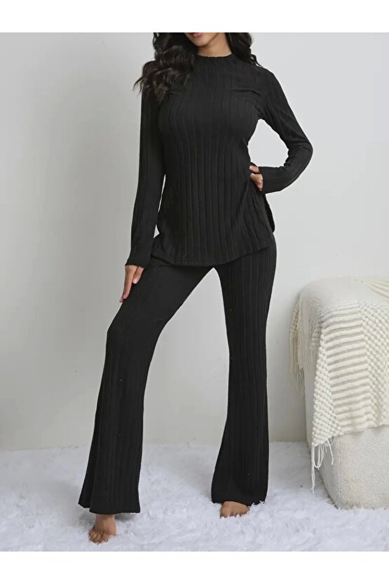 Kadın Uzun Kollu Yuvarlak Yaka Yandan Yırtmaç Detaylı şardonlu Kaşkorse Bluz Ve Pantolon Ikili Takım