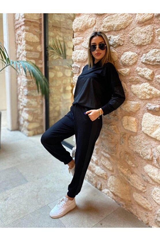 Kadın Uzun Kollu Kapüşonlu Oversize Sweat Ve Pantolon Ikili Takım