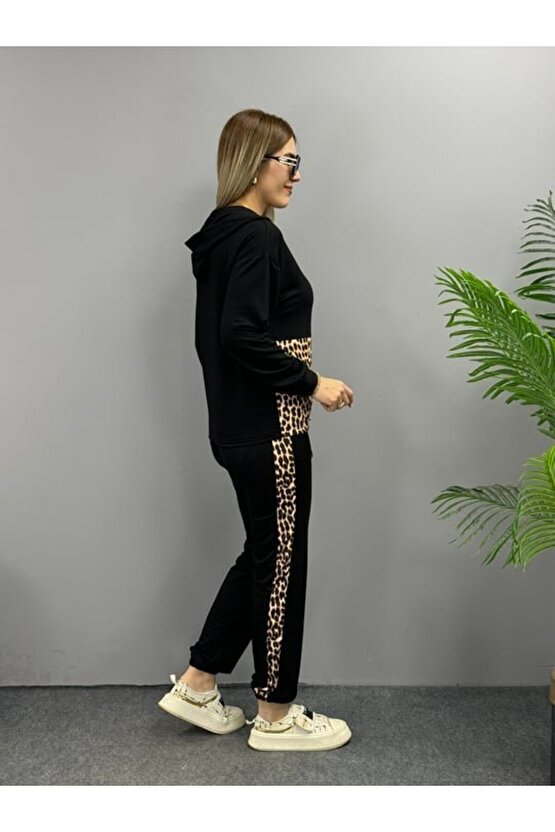 Kadın Uzun Kollu Leopar Detay weat Ve Yanı Leopar şerit Detay Pantolon Ikili Takım