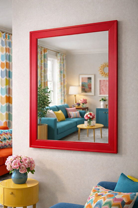 Kırmızı Çerçeveli Duvar Aynası - Dekoratif Ayna - Özel Ölçü - 5cm Çerçeve Kalınlığı