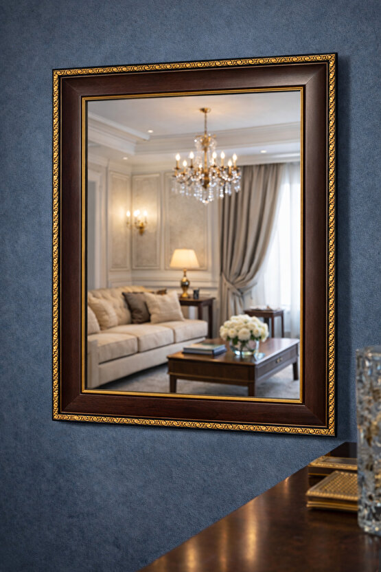 Kahverengi Ahşap Görünümlü Gold Altın Detaylı Çerçeveli Ayna 5cm Kalınlıkta Çerçeve-Klasik Lüx Ayna