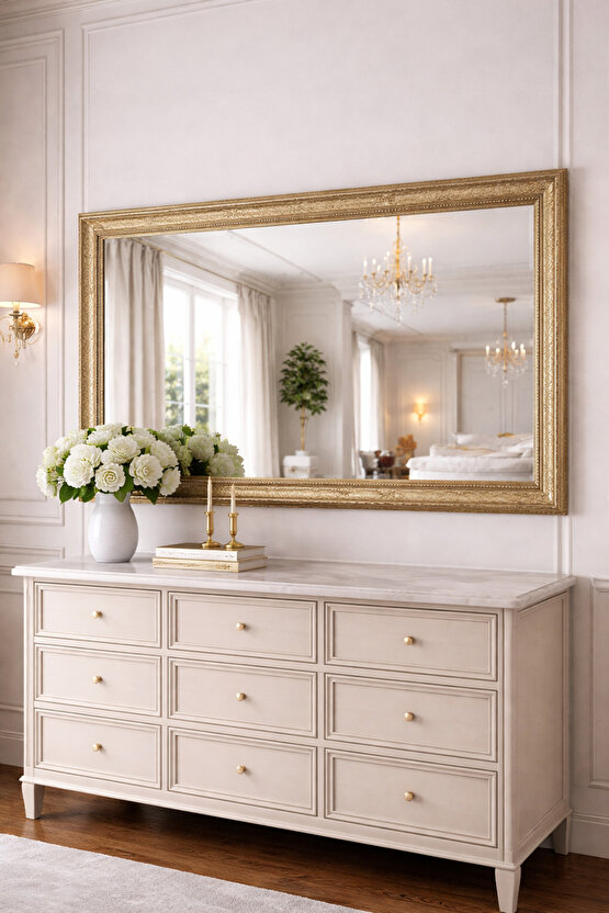 Bej Renk Eskitme Altın Klasik Çerçeveli Ayna-9cm Çerçeve Kalınlığı-Barok Desenli (Özel Ölçü)