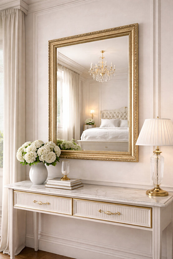 Bej Renk Eskitme Altın Klasik Çerçeveli Ayna-9cm Çerçeve Kalınlığı-Barok Desenli (Özel Ölçü)