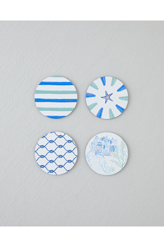 Seafood Ahşap 4lü Bardak Altlığı 10 cm Renkli