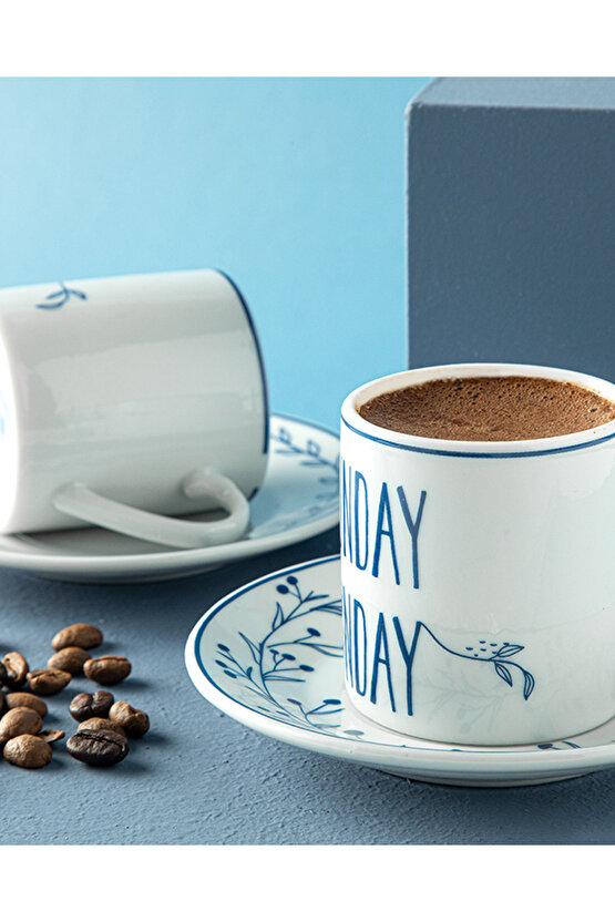 Happy Sunday Porselen 4 Parça 2 Kişilik Kahve Fincan Takımı Lacivert