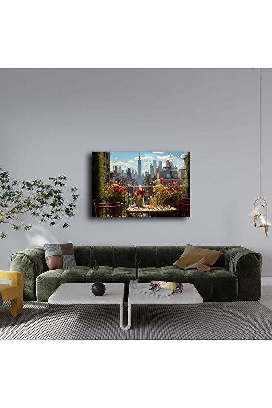 New York Terasında Çiçekli Masa Cam Tablo