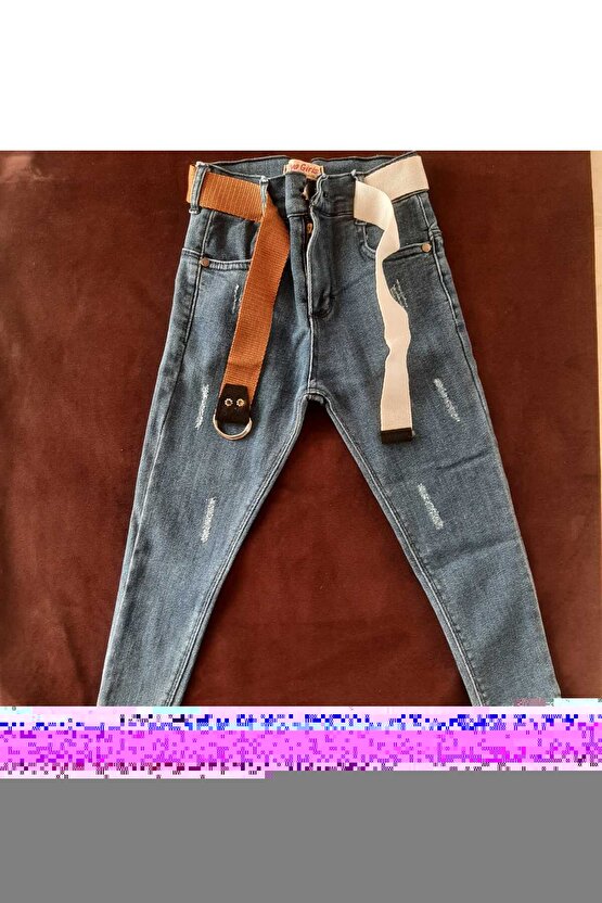 açık mavi eskitmeli kemerli pantolon