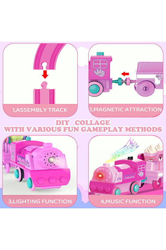 Oyuncak Sesli ve Işıklı Pembe Dondurma Treni Train Mıknatıslı Vagon Bağlantısı