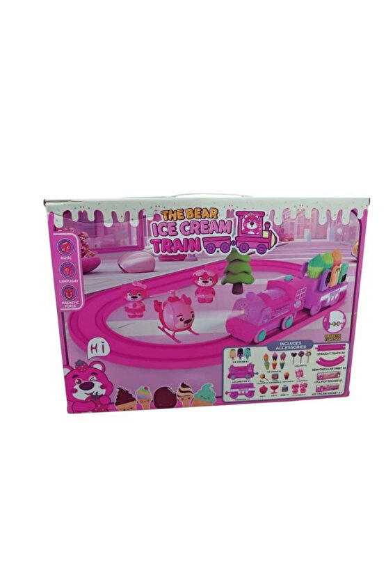 Oyuncak Sesli ve Işıklı Pembe Dondurma Treni Train Mıknatıslı Vagon Bağlantısı