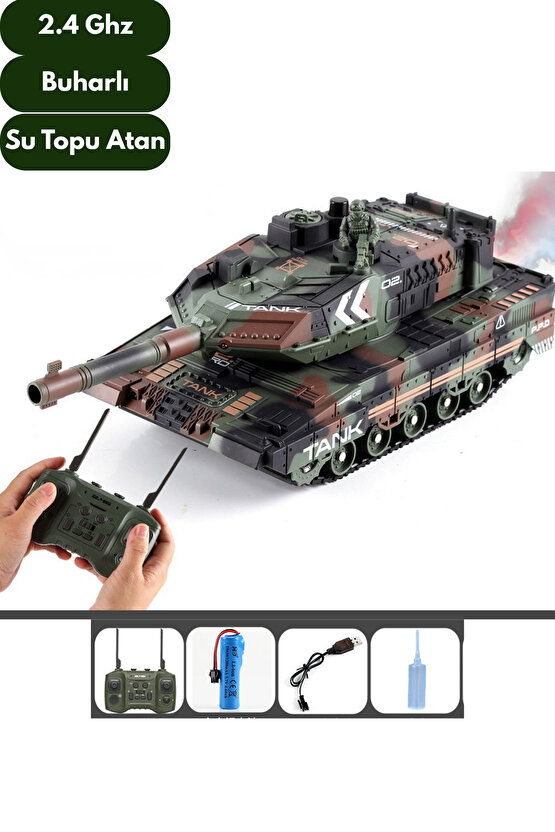 Oyuncak Şarjlı 2.4 Ghz Uzaktan Kumandalı Su Topu Atan Buharlı 360° Dönen Askeri Tank