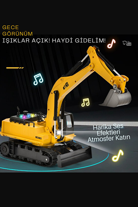 Oyuncak Sesli Işıklı Şarjlı 2.4Ghz Uzaktan Kumandalı 360° Dönen Metal Alaşım Ekskavatör İş Makinası