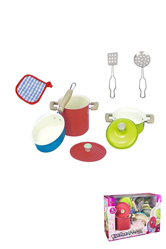 Oyuncak 8 Parça Pembe Emaye Tencere Tava Seti Gerçekçi Tasarım