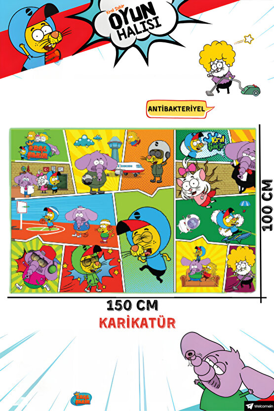 150 x 100 Cm Lisanslı Kral Şakir, Kaymaz ve Kolay Temizlenebilir Oyun Halısı - Antibakteriyel Halı