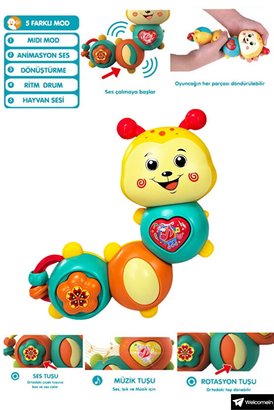 Oyuncak Işıklı ve Müzikli 5 Farklı Moda Sahip Eğitici Tırtıl Bebek Piyanosu