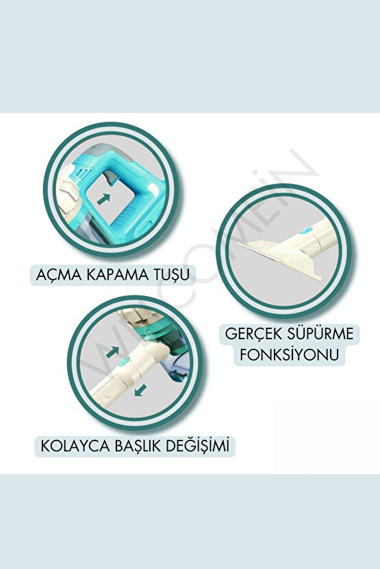 Mavi Kablosuz Model Oyuncak Süpürge Dikey Süpürge Seti 3 Başlıklı Pilli Temizlik Aktivite