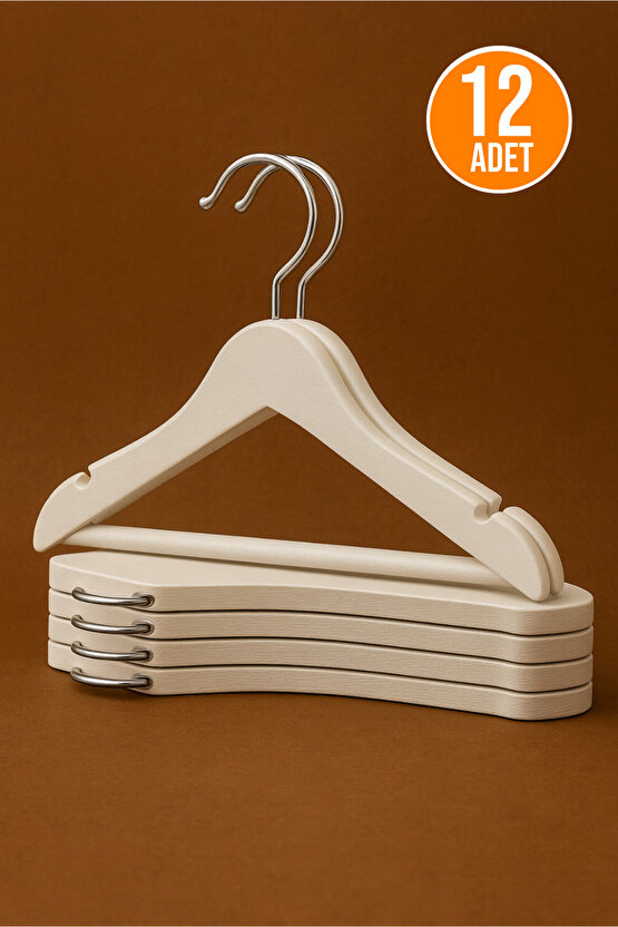 12 Adet - Bebek ve Çocuk Boy Ahşap Görünümlü Plastik A Kalite Elbise Askısı Tshirt Pantolon Askı