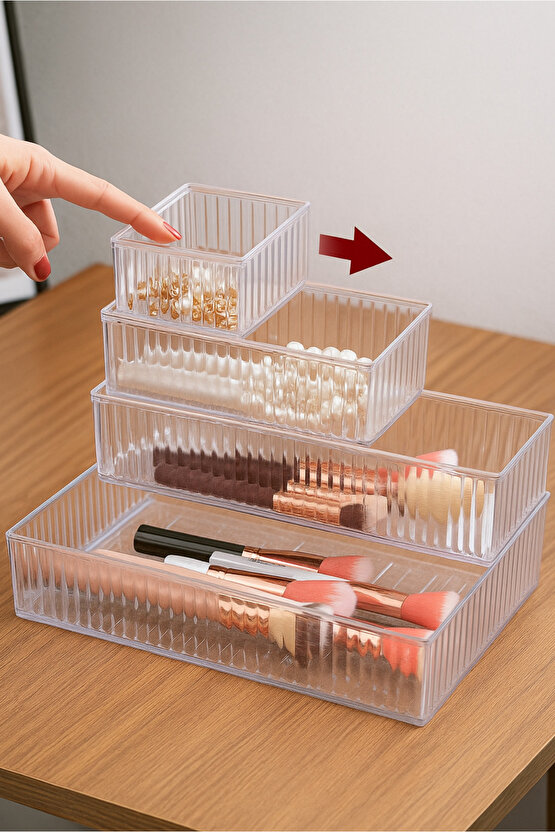 6lı Şeffaf Kaydırılabilir Çekmece İçi Takı Makyaj Organizer Seti