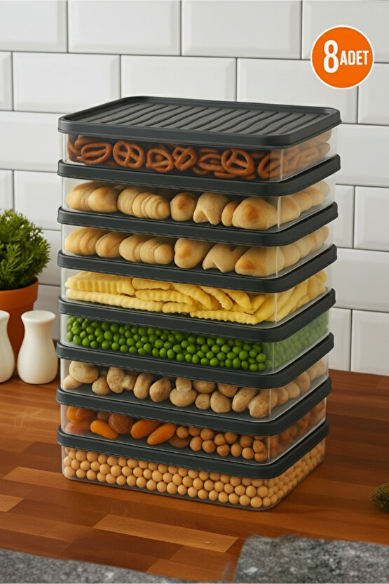 8li Şeffaf Saklama Kabı Buzdolabı Dondurucu Difrize Uygun Düzenleyici Set 8x2400 ml