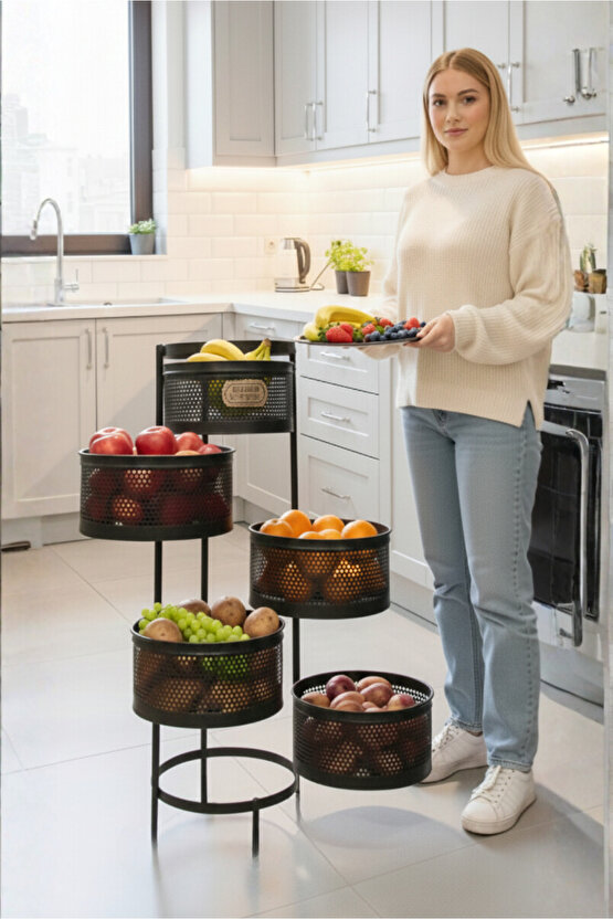 Kule Sebzelik 5 Katlı Tepsili Açılır Metal Patates Soğan Meyvelik Sepetli Rafı Siyah