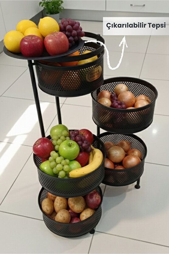 Kule Sebzelik 5 Katlı Tepsili Açılır Metal Patates Soğan Meyvelik Sepetli Rafı Siyah