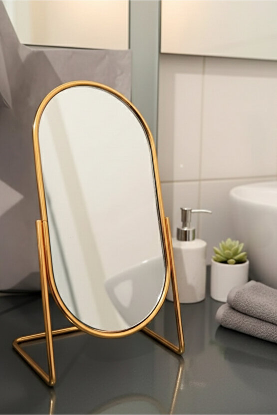 Gold Metal Masa Üstü Makyaj Aynası – Oval Dekoratif Tasarım, Şık Masaüstü Ayna