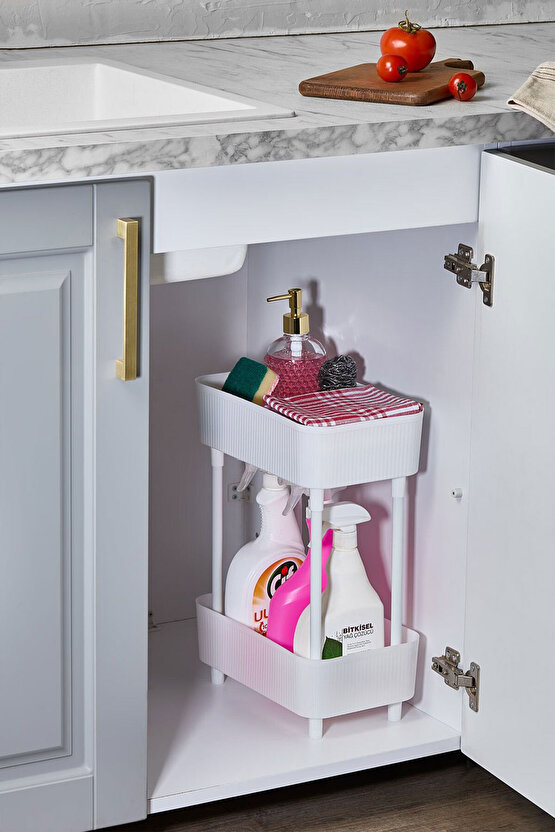 Düzenleyici 2 Katlı Beyaz Raf -Dolap İçi & Tezgah Üstü Banyo Deterjanlık Mutfak Evye Altı Organizer