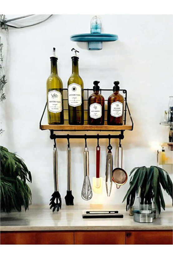 Ahşap Standlı Metal Dekoratif Mutfak Rafı - Asılabilir Kancalı
