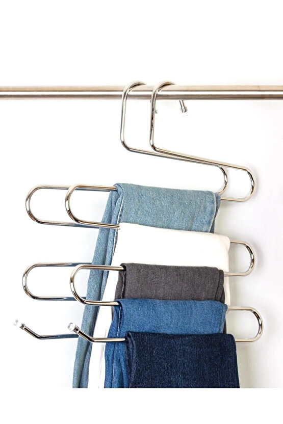 4 Adet - 5 Bölmeli Metal Pantolon Askısı - Giysi Eşarp Fular Kıyafet Askısı Düzenleyici Organizer