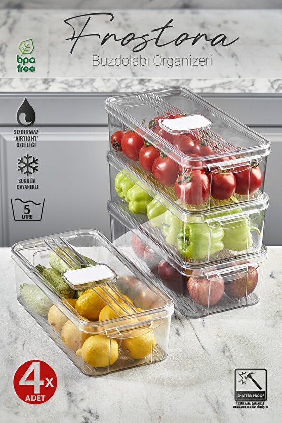 4x Adet Füme 3 Lt  Frostora Kapaklı Buzdolabı Organizeri & Saklama Kabı & Düzenleyici & Erzak Kabı