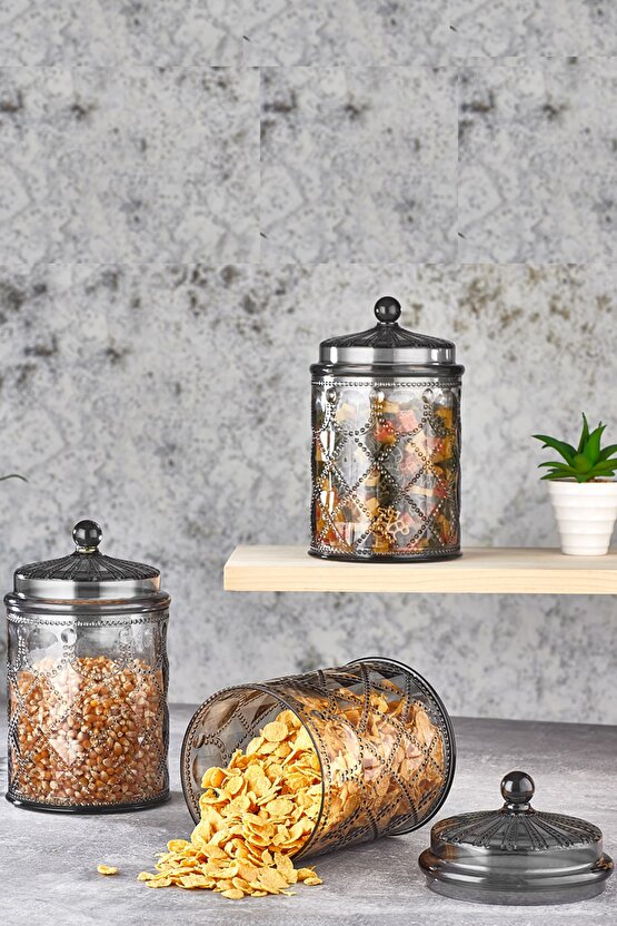 3lü Barocco Akrilik Füme Kavanoz&saklama&baharatlık Seti 20,5cm