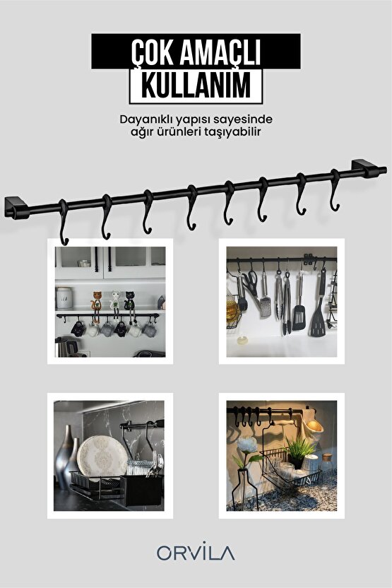 Siyah Metal Mutfak Ve Banyo Askısı Çok Amaçlı 8 Kancalı Askı Demiri Maxi 72 Cm