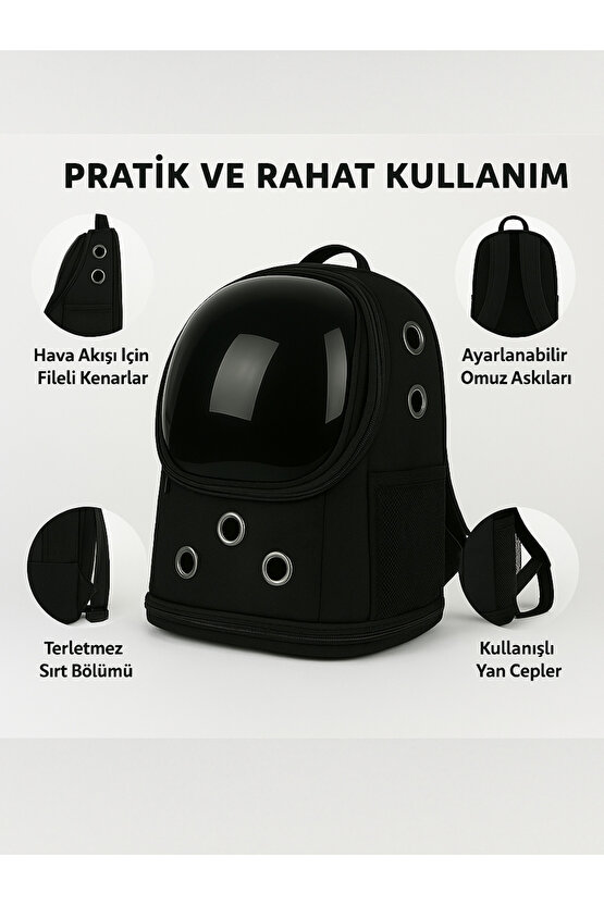 Yıkanabilir Şeffaf Kedi ve Köpek Taşıma Çantası 7 Hava Kanalı Fileli Ceplerle Pratik Kullanım Siyah