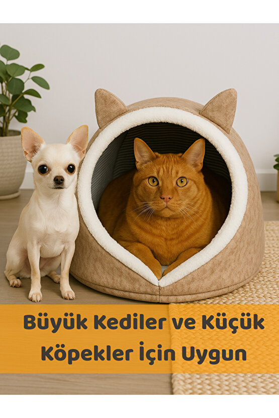 Evi Köpek Evi Evcil Hayvan Yatağı Katlanabilir Keçe Yuva Kulübe Dekoratif Krem Renk 40