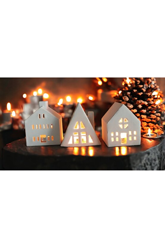 3lü Ev Mumluk Dekoratif Beton Mumluk Tealiğht Mum Dahil