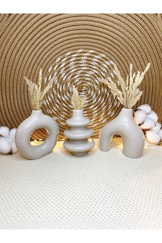 Dekoratif 10cm Taş Rengi Küçük 3 Adet Minimal Bohem Vazo Ev Salon Tv Ünitesi Kitaplık Biblo Aksesuar