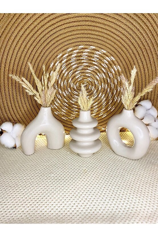 Dekoratif 10cm Taş Rengi Küçük 3 Adet Minimal Bohem Vazo Ev Salon Tv Ünitesi Kitaplık Biblo Aksesuar