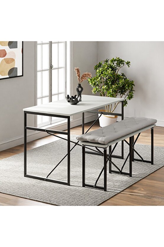 Masa Takımı Bench Bank Minderli Masa Seti 120x60 Mutfak ve Yemek Masası Beyaz 1563