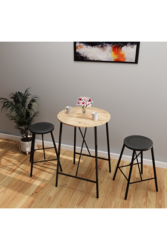 Atlantik Çam Döşemeli Siyah Bar Taburesi Seti Masası Mutfak Oval 2 Kişilik Yemek Masası 1249