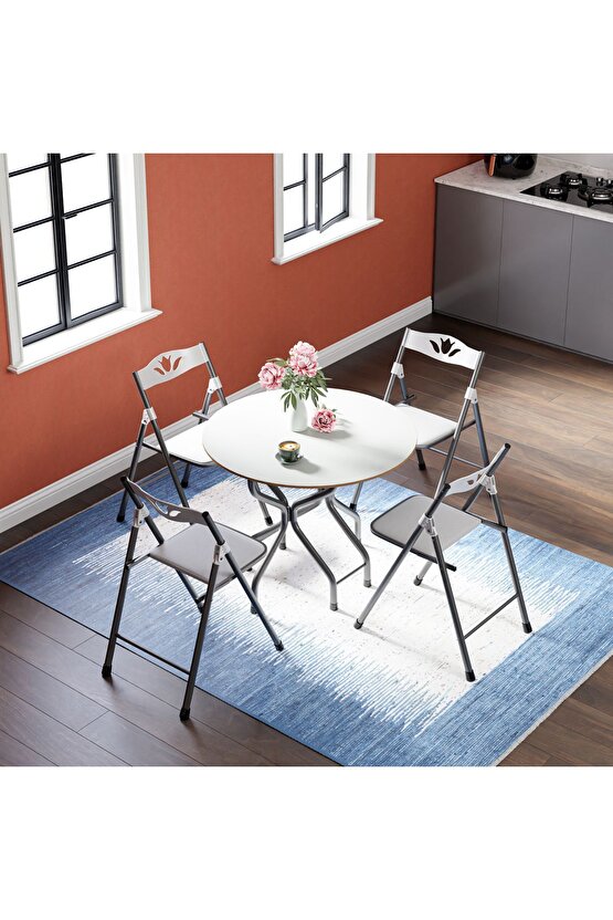 Katlanır Kırma Yuvarlak Beyaz Masa Sandalye Takımı Seti