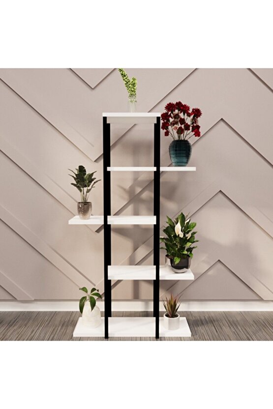 Dekoratif 5 Raflı Metal Çiçeklik Saksı Standı Saksılık Beyaz 1312