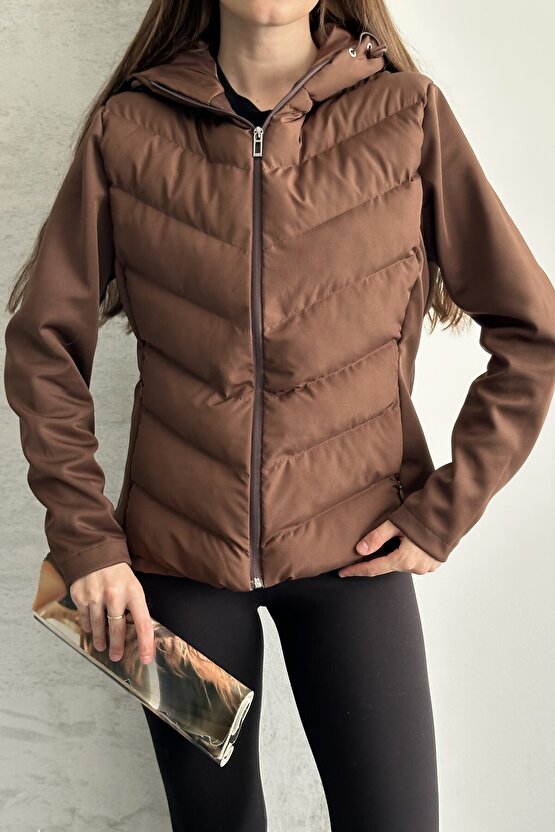 Kadın Kahverengi Kapüşonlu Termal Şişme Mont - Yeni Sezon Range Rover Mom ZR Stil Mont