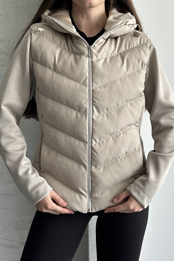 Kadın Kapüşonlu Şişme Mont - Kışlık Slim Fit Rüzgar Geçirmez Fermuarlı Bej Kadın Ceket