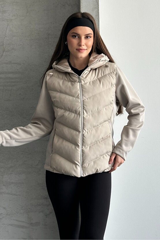 Kadın Kapüşonlu Şişme Mont - Kışlık Slim Fit Rüzgar Geçirmez Fermuarlı Bej Kadın Ceket
