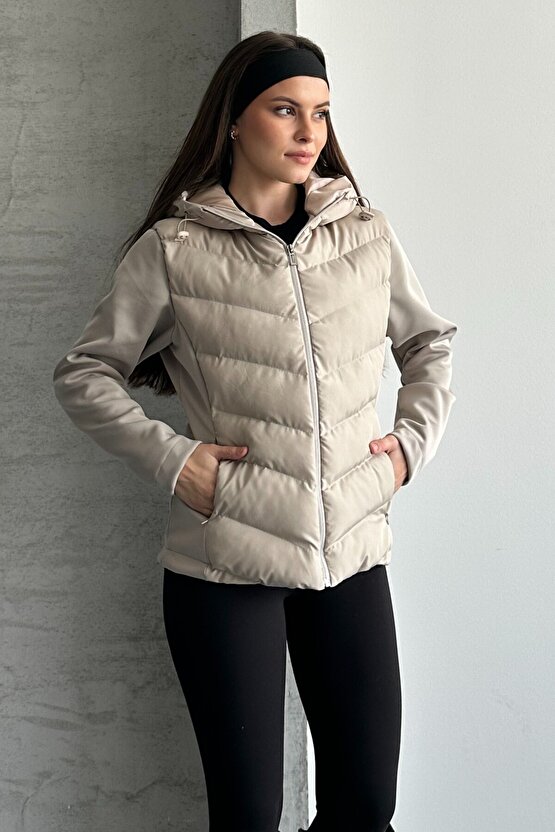Kadın Kapüşonlu Şişme Mont - Kışlık Slim Fit Rüzgar Geçirmez Fermuarlı Bej Kadın Ceket