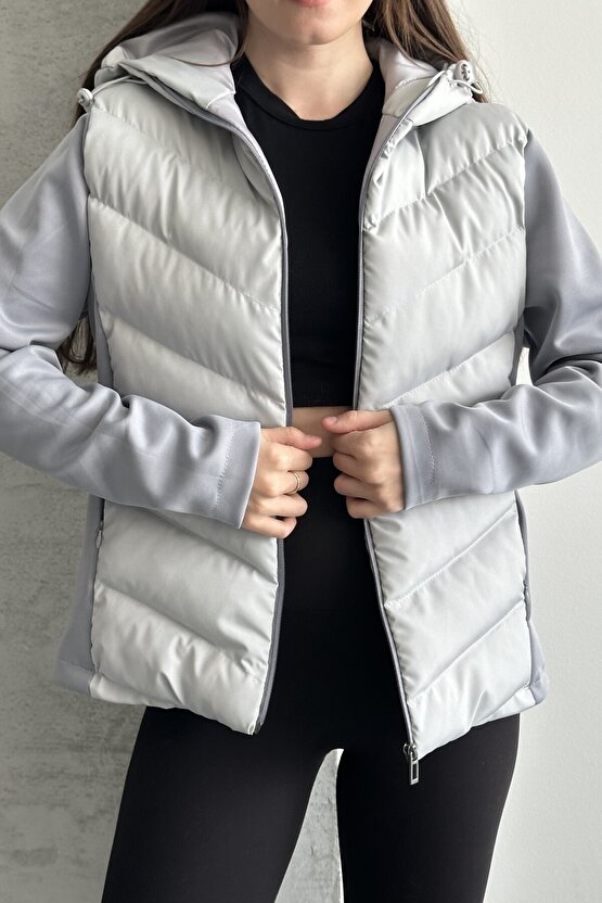 Kadın Kapüşonlu Şişme Mont - Su Geçirmez Basic Günlük Kontrast Gri Ceket