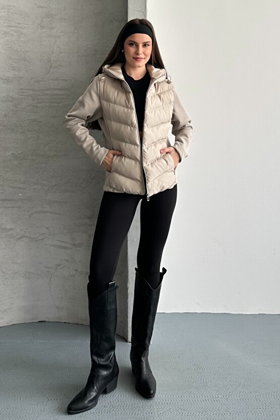 Kadın Kapüşonlu Şişme Mont - Kışlık Slim Fit Rüzgar Geçirmez Fermuarlı Bej Kadın Ceket