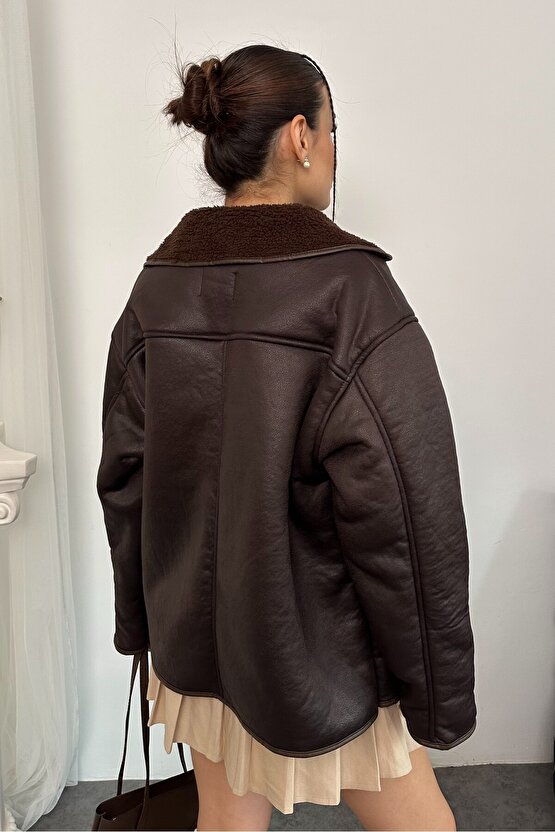 Kadın İçi Peluş Kürklü Oversize Suni Deri Mont - Else Lamine Süet Ceket