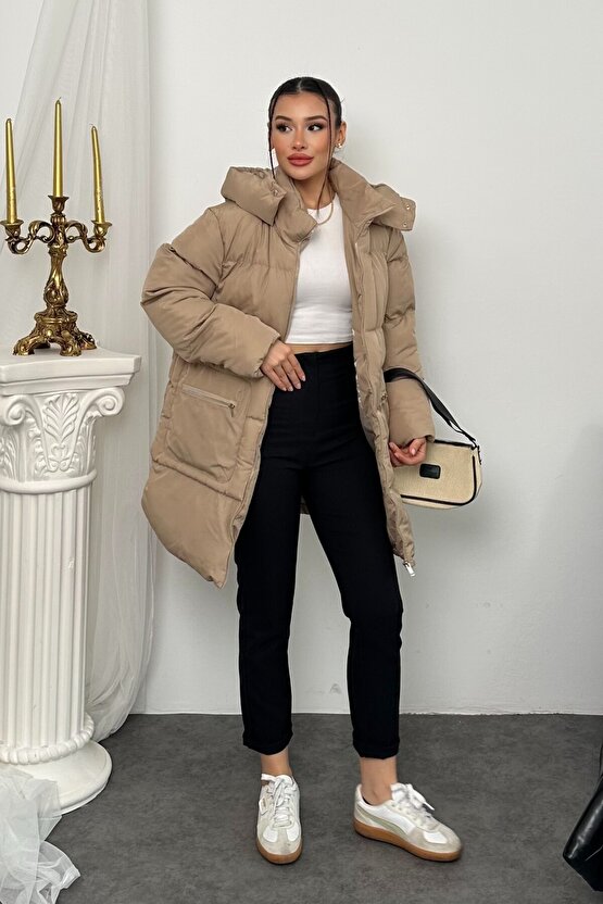 Kadın Kapüşonlu Uzun Şişme Mont – Su Geçirmez Oversize Kışlık, Cepli Fermuarlı